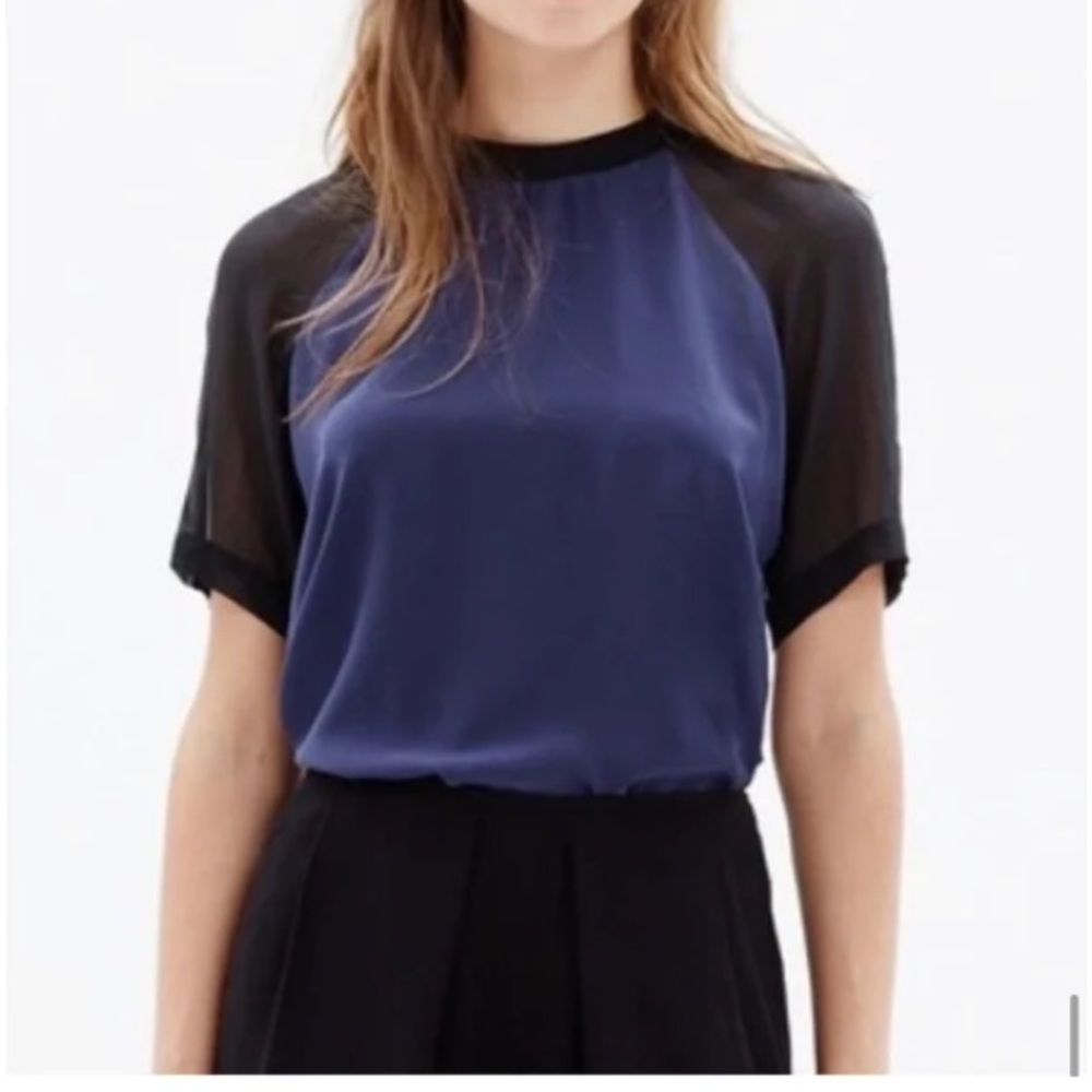 Madewell Silk Blue /Black Short Sleeve Top